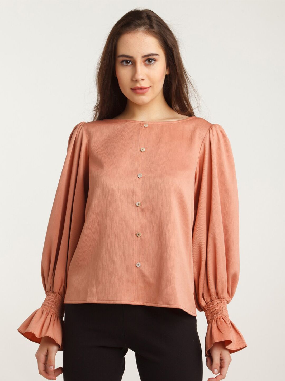 Zink London Peach Coloured Solid Puff Sleeve Top Price in India