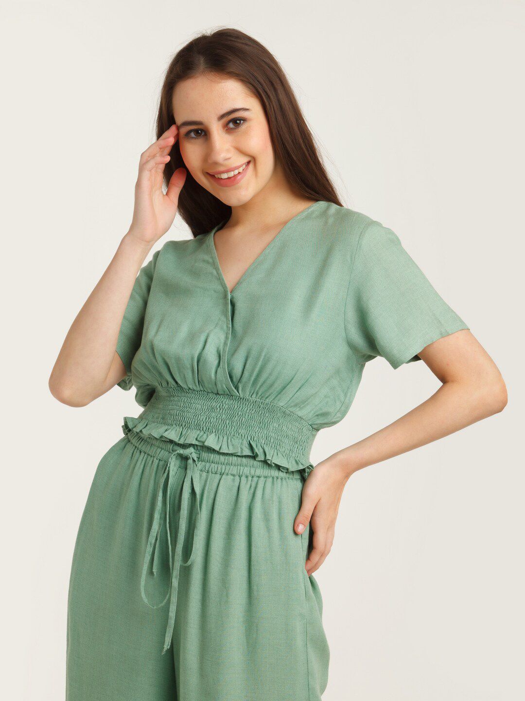 Zink London Women Green Solid Smocked Top Price in India