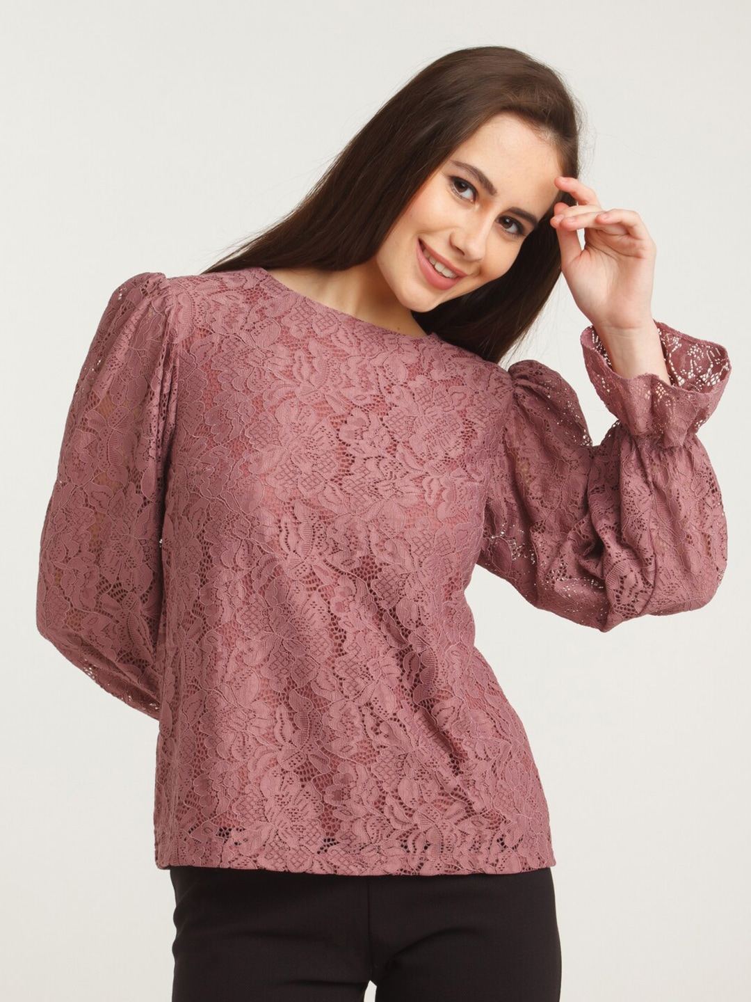 Zink London Women Mauve Floral Lace Insert Top Price in India