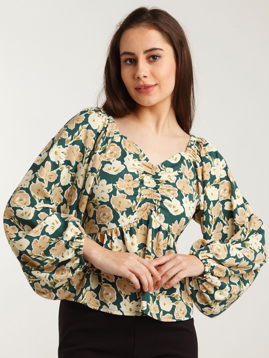 Zink London Women Green Floral Printed Top Price in India