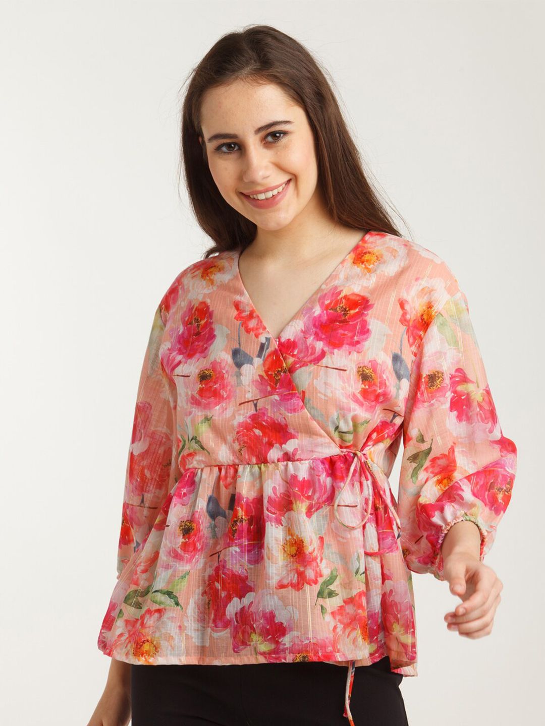 Zink London Women Pink Floral Printed Wrap Top Price in India