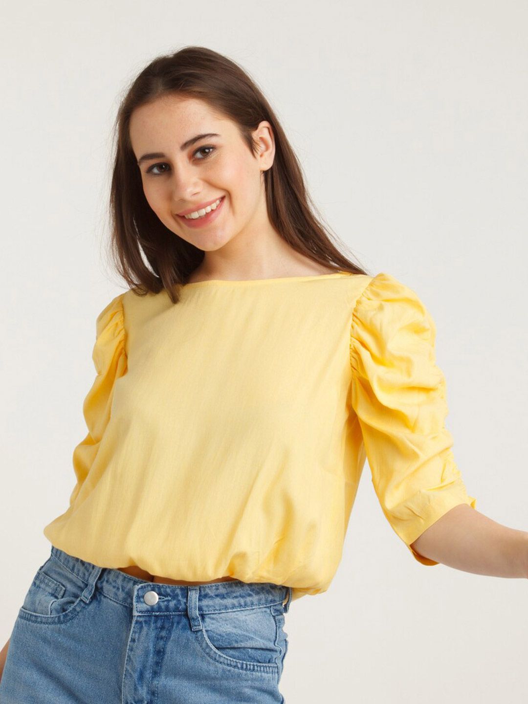 Zink London Women Yellow Solid Puff Sleeves Top Price in India