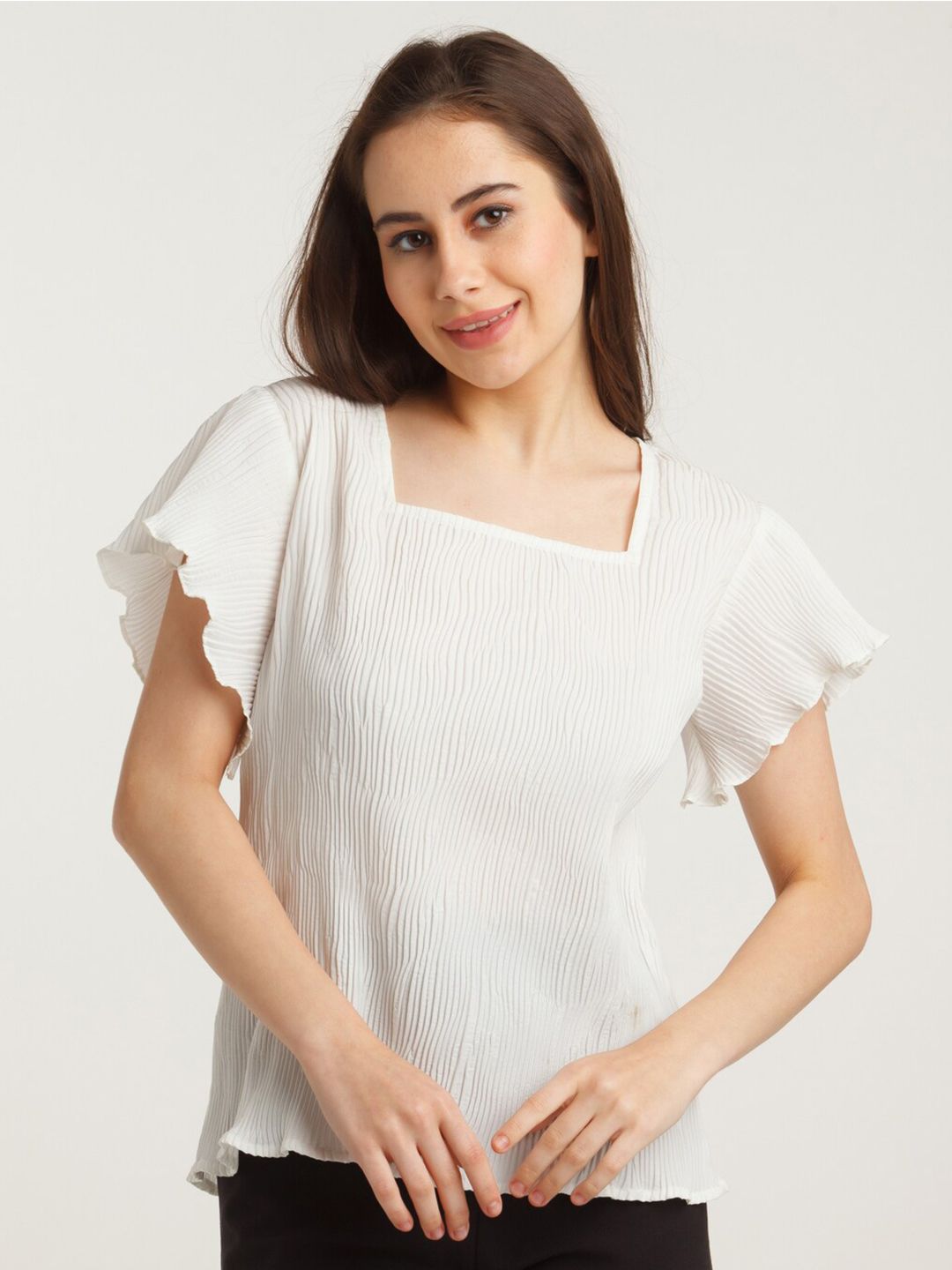 Zink London White Solid Flared Sleeve Top Price in India