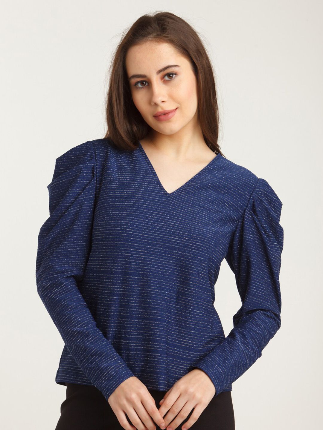 Zink London Women Navy Blue Striped Puff Sleeves Top Price in India
