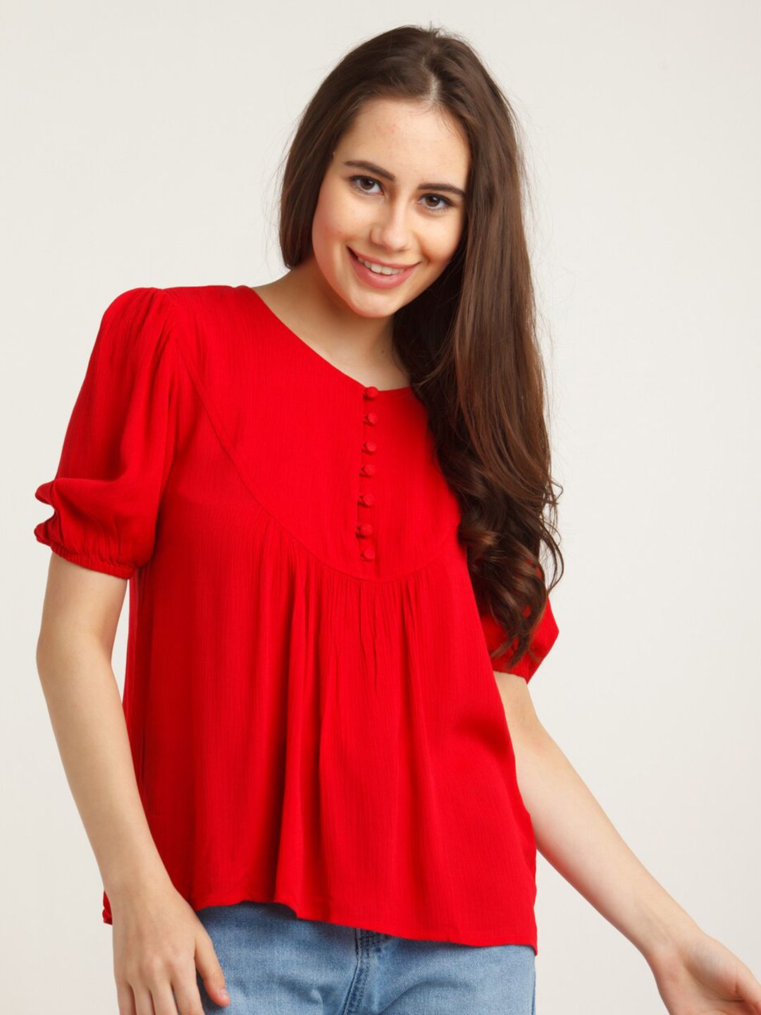 Zink London Women Red Solid Puff Sleeves Top Price in India