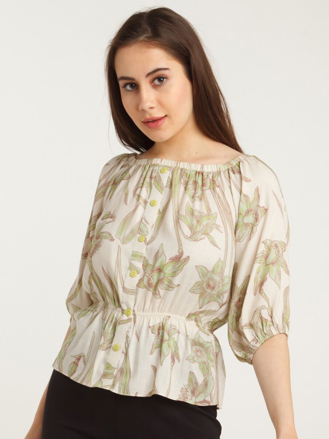 Zink London Women Off White Floral Printed Blouson Top Price in India