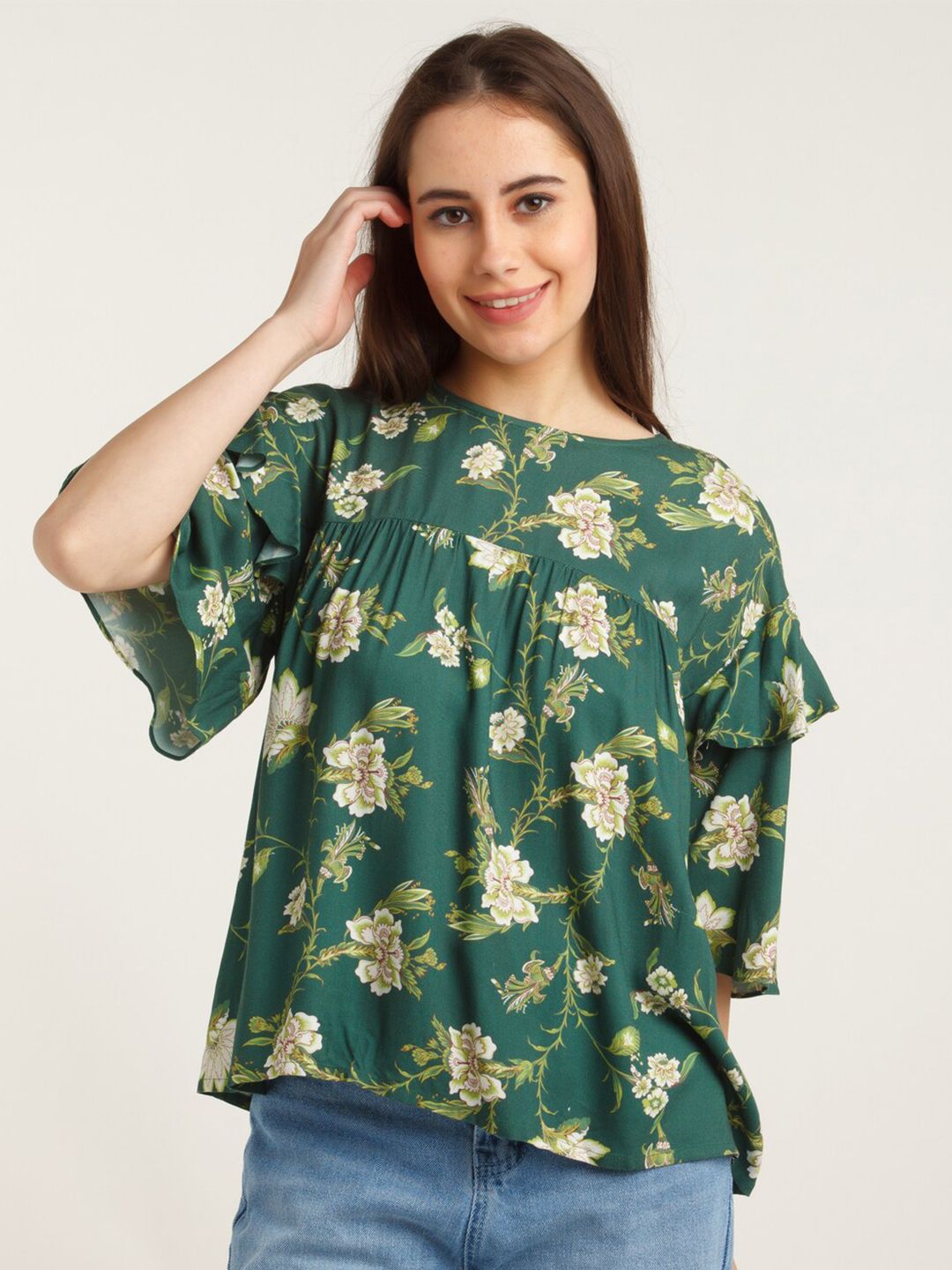Zink London Green Floral Print Top Price in India