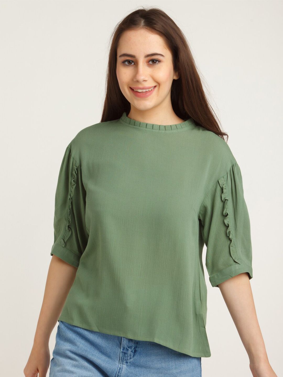 Zink London Women Green Solid Puff Sleeves Top Price in India