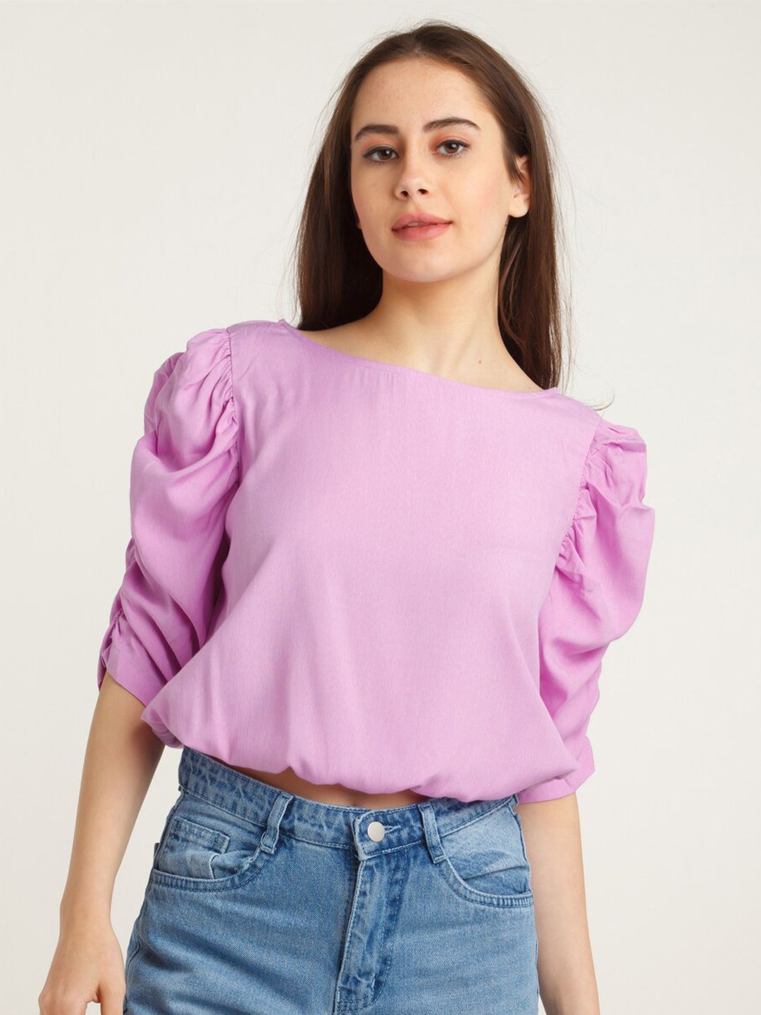 Zink London Purple Solid Puff Sleeve Top Price in India