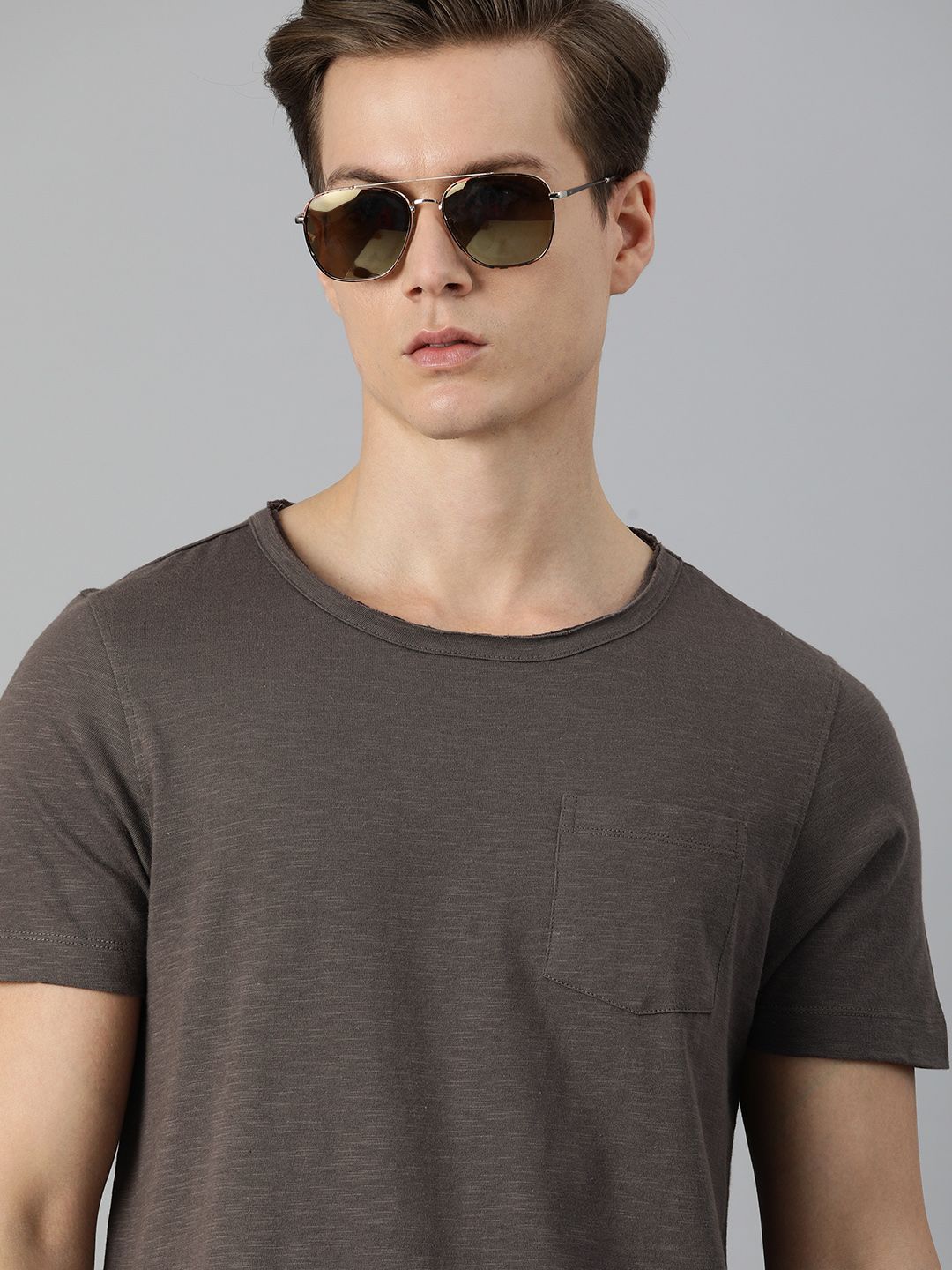 Roadster Men Charcoal Grey Solid Cotton T-shirt