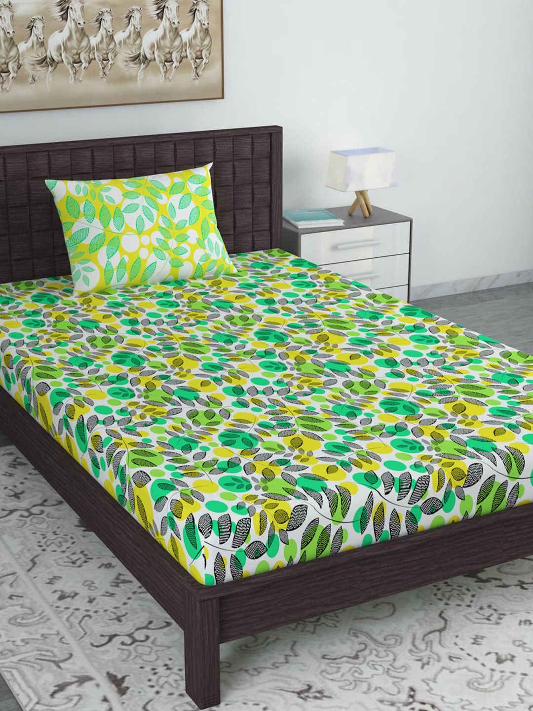 Divine Casa White & Green Floral 144 TC Single Bedsheet with 1 Pillow Covers Price in India