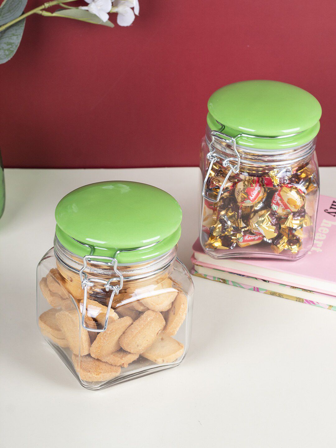 MARKET99 Set of 2 Transparent & Green Solid Glass Storage Jars Price in India