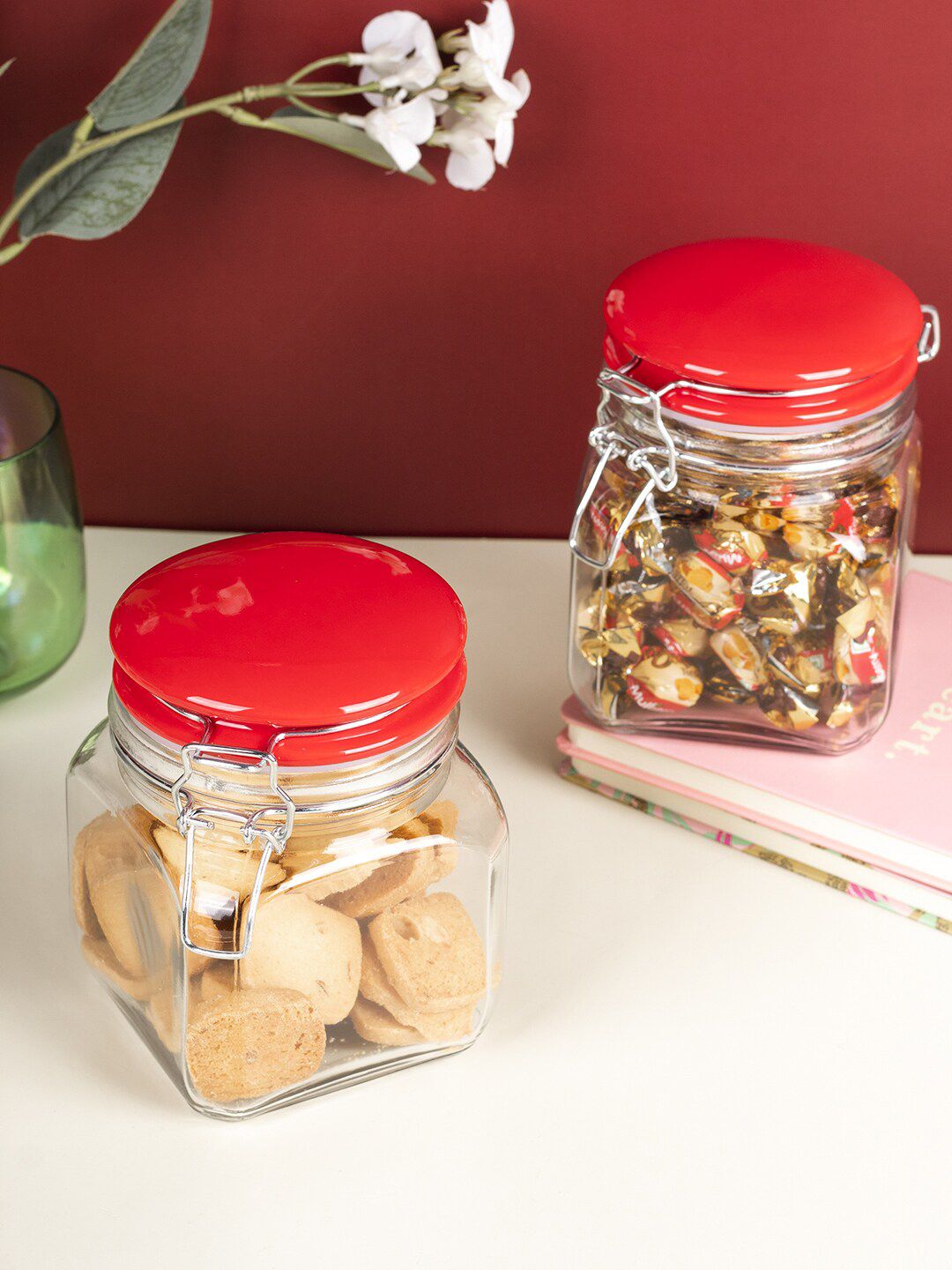 MARKET99 Set of 2 Red & Transparent Solid Glass Storage Jars Price in India