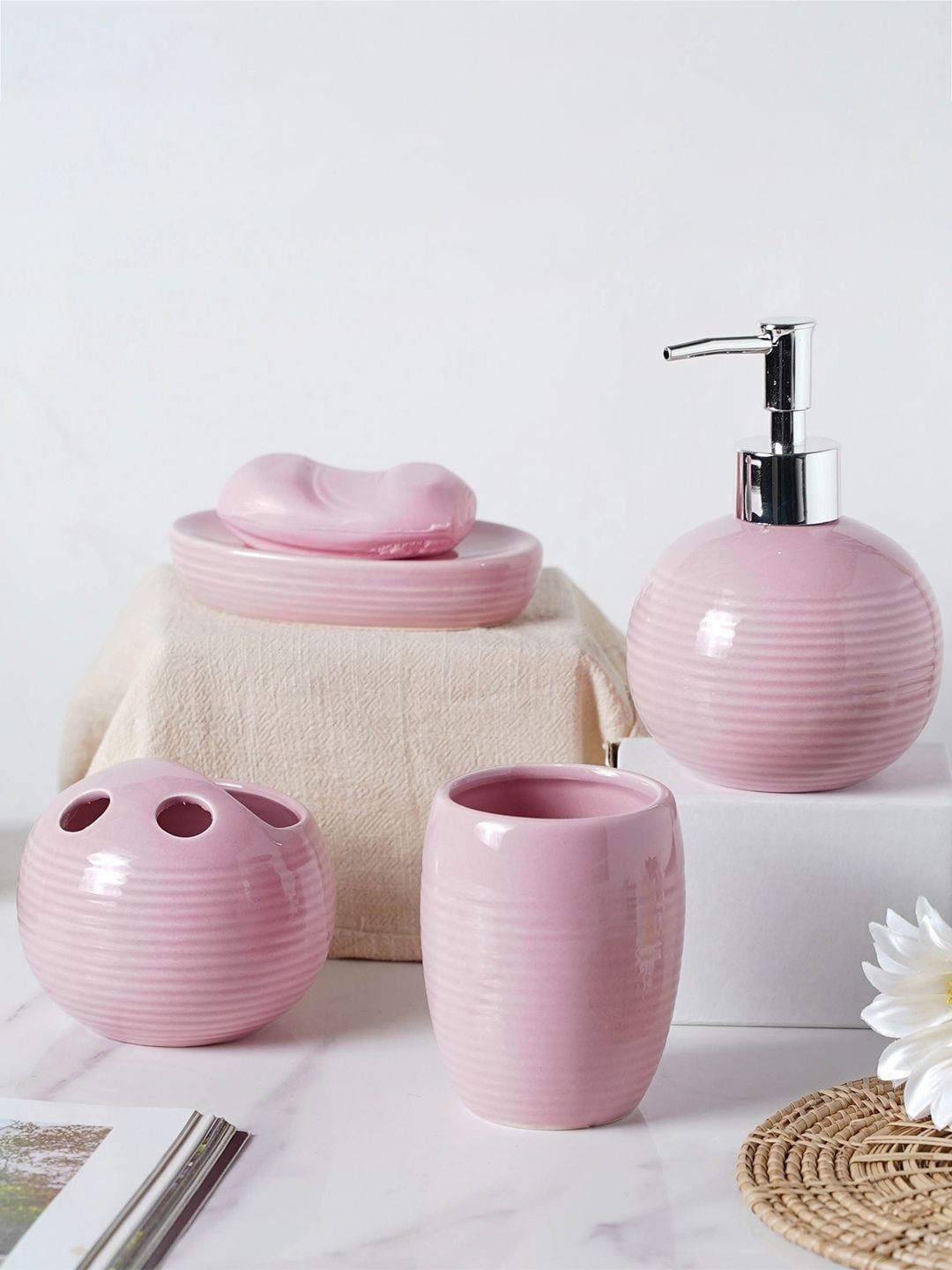 Nestasia Set Of 4 Pink Solid Ceramic Bathroom Accessories Price in India