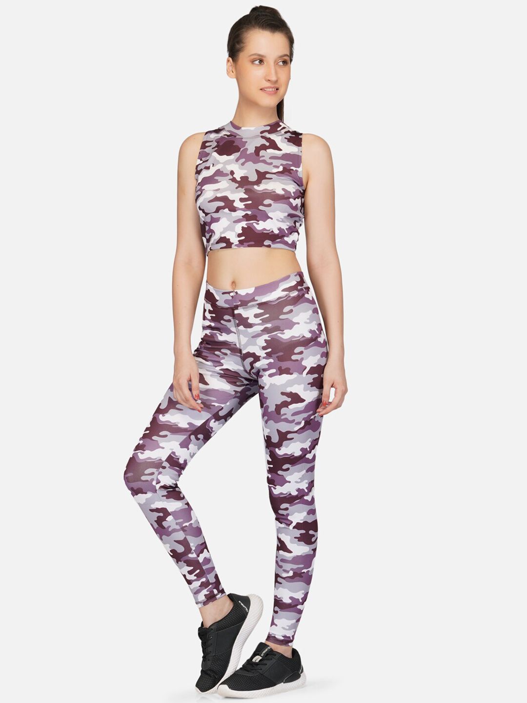 IMPERATIVE Women Maroon & White Camouflage Printed Tracksuit Price in India