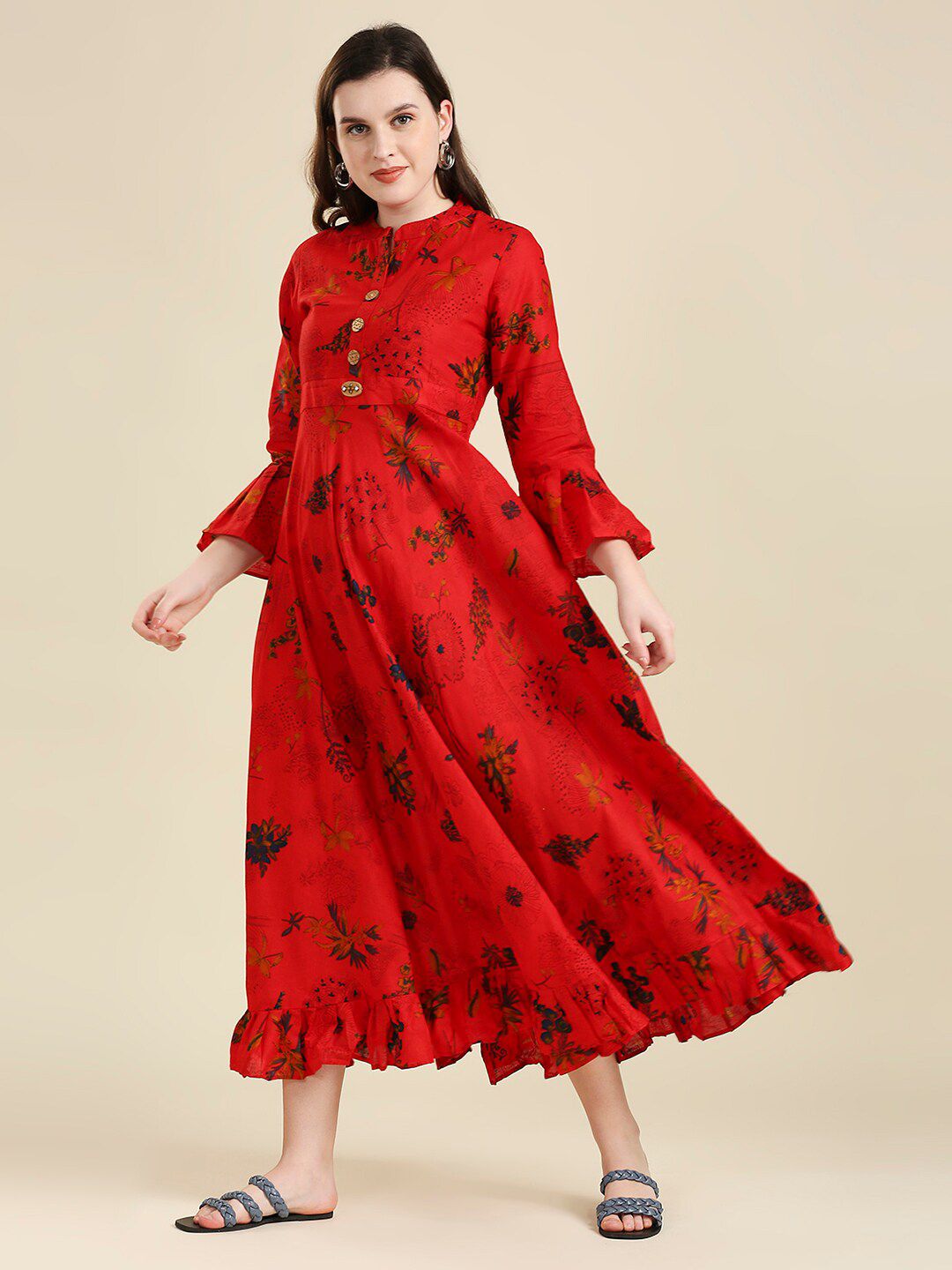 MADHURAM Women Red Floral Printed Midi Dress Price in India