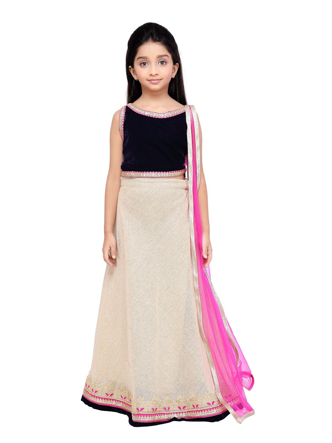HERE&NOW Girls Beige & Blue Lehenga & Blouse With Dupatta Price in India