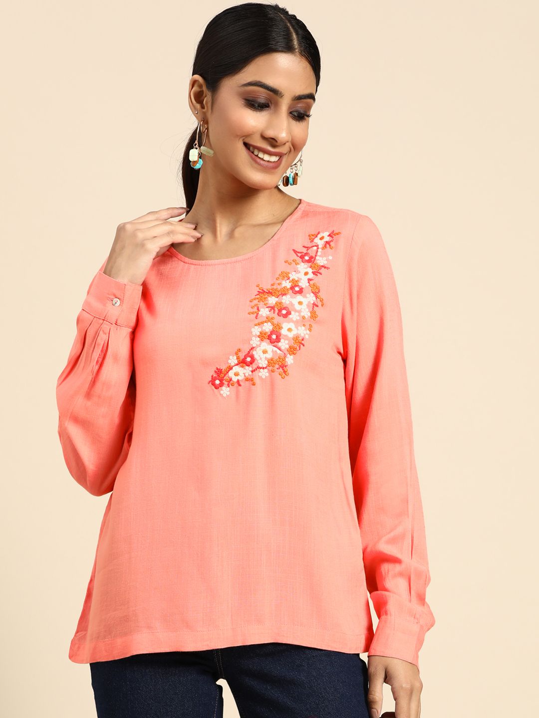 Sangria Peach-Coloured Embroidered Top Price in India