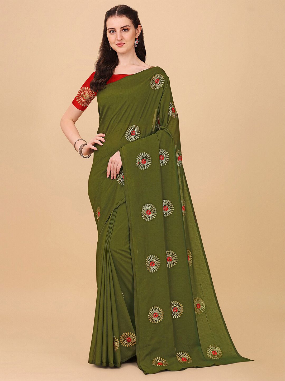 Indian Fashionista Lime Green And Red Floral Embroidered Organza Mysore Silk Saree Price in India