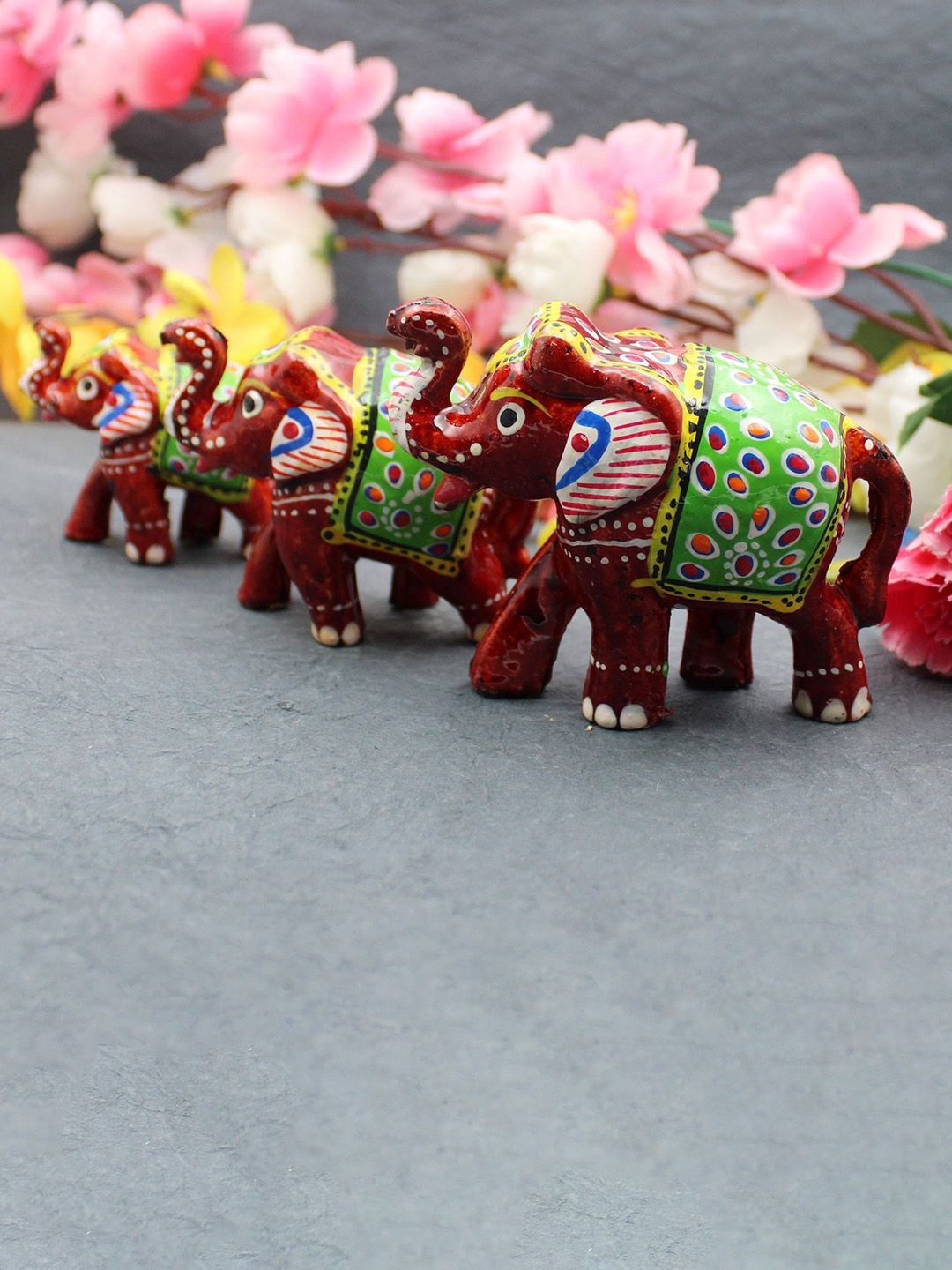 Fashion Bizz Set of 3 Maroon & Green Printed Elephant Decorative Showpiece Price in India