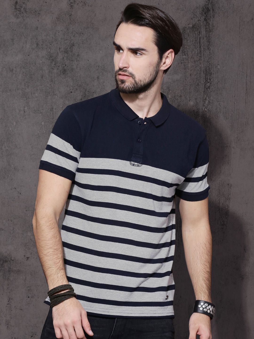 Roadster Men Grey & Navy Blue Striped Polo Collar T-shirt