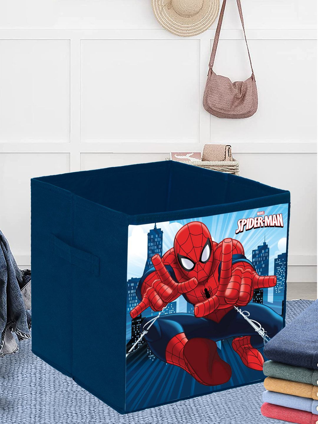 Kuber Industries Blue & Red Printed Marvel Spiderman Foldable Storage Box With Handle Price in India