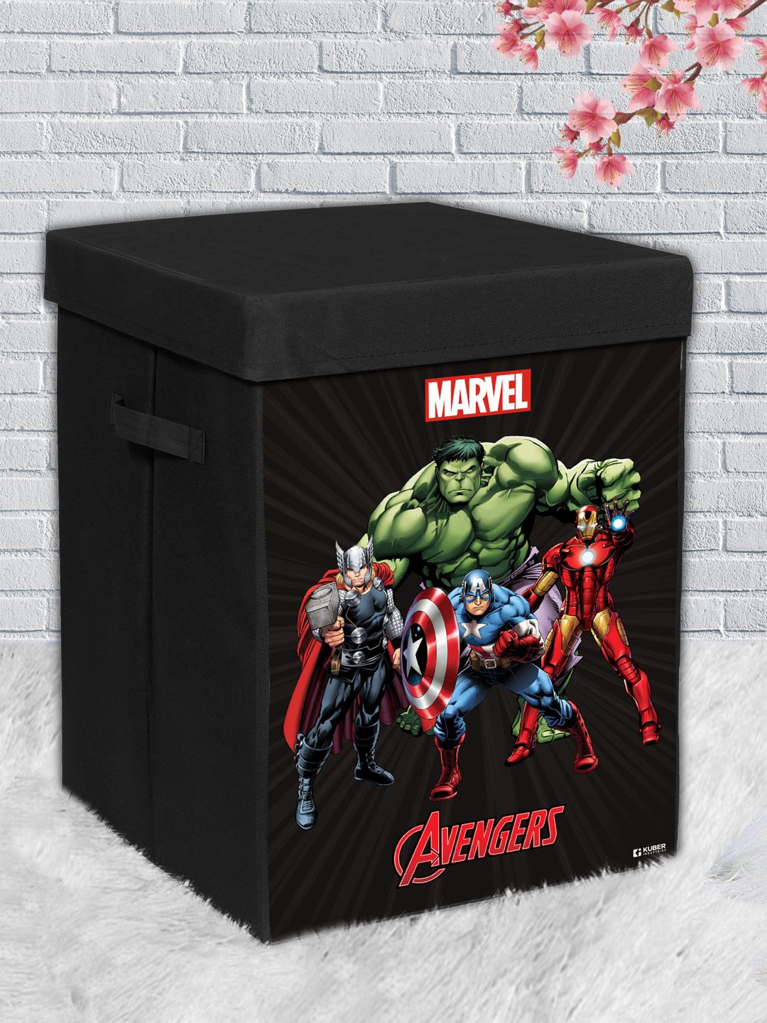 Kuber Industries Black Marvel Avengers Printed Foldable Laundry Organizer Box with Handle & Lid Price in India