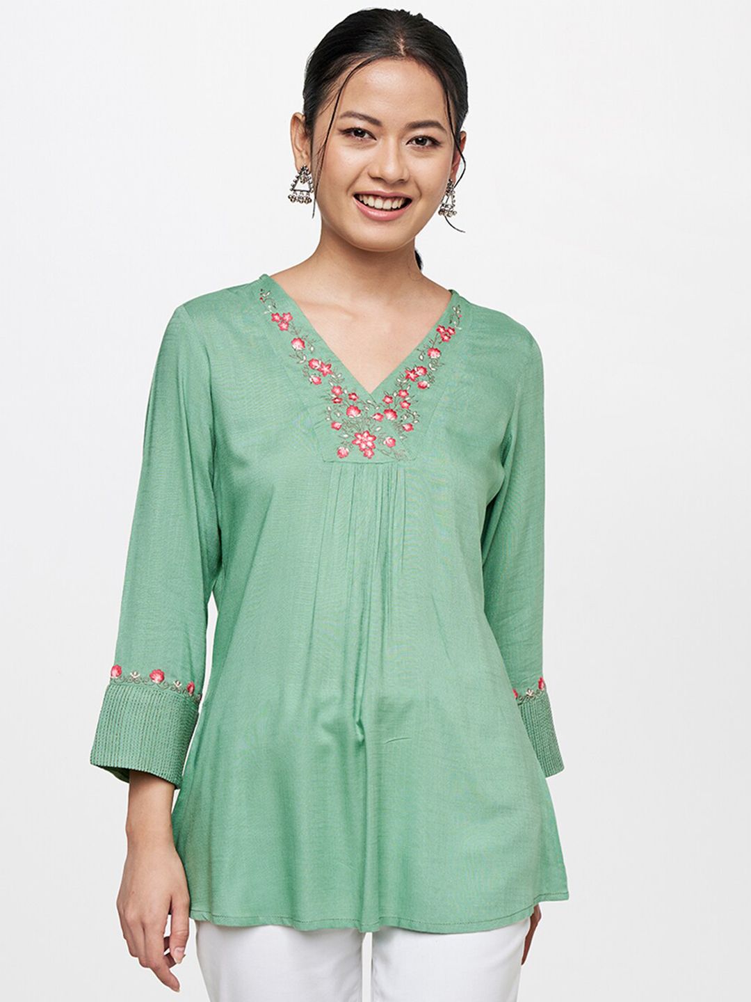 Global Desi Women Green Embroidered Casual Top Price in India