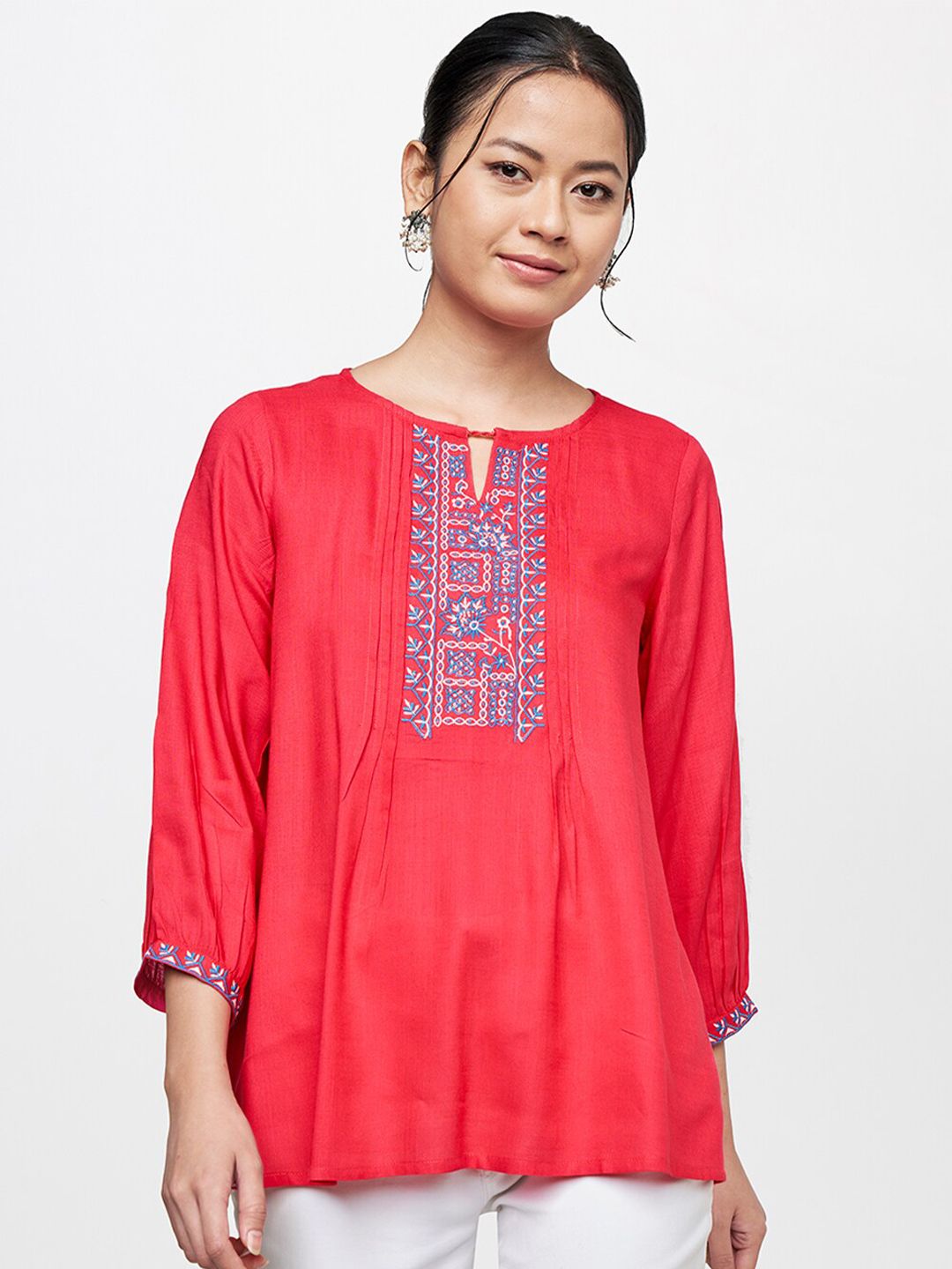 Global Desi Women Red Floral Embroidered Keyhole Neck Top Price in India