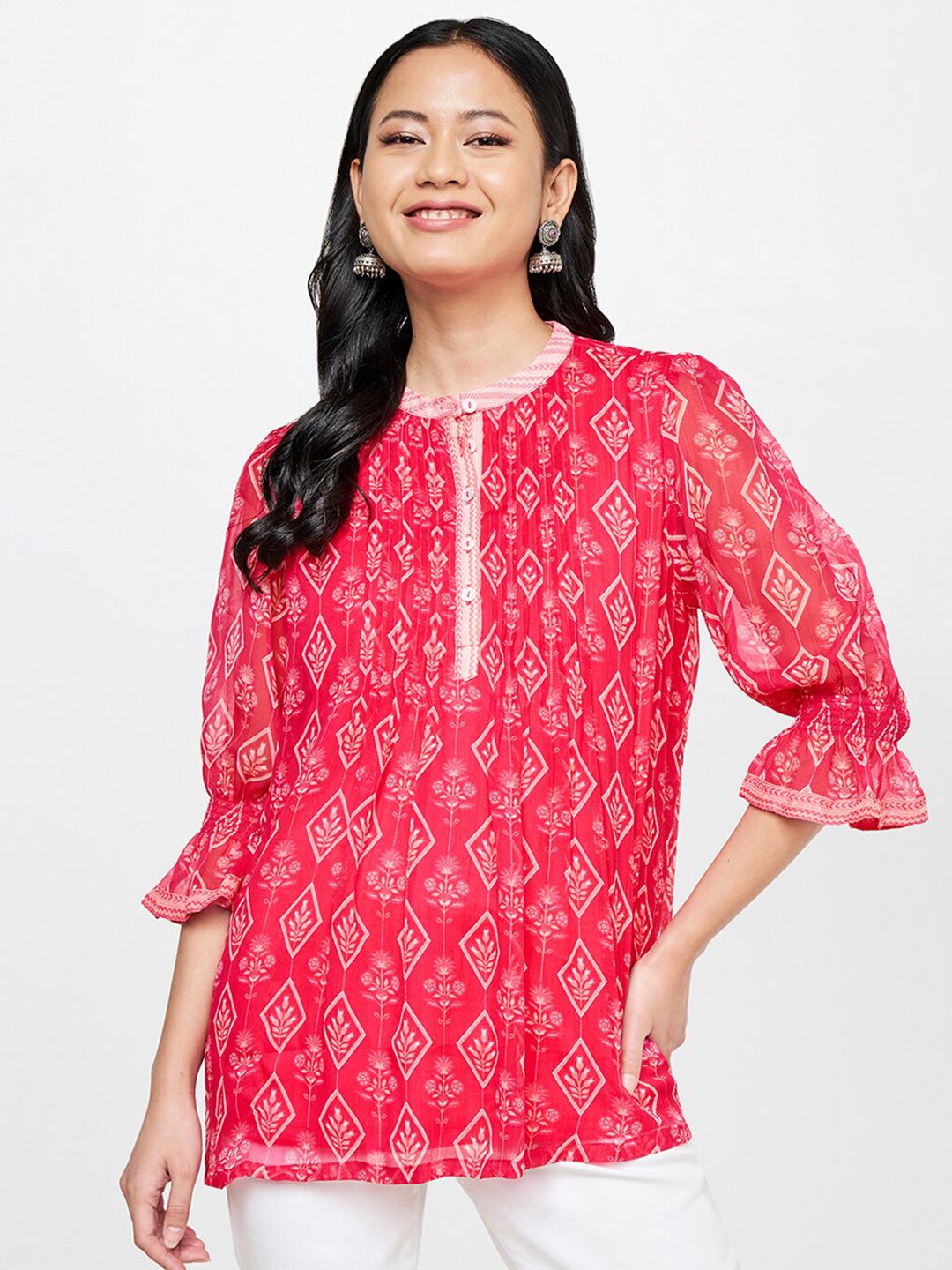 Global Desi Women Pink Geometric Printed Mandarin Collar Top Price in India
