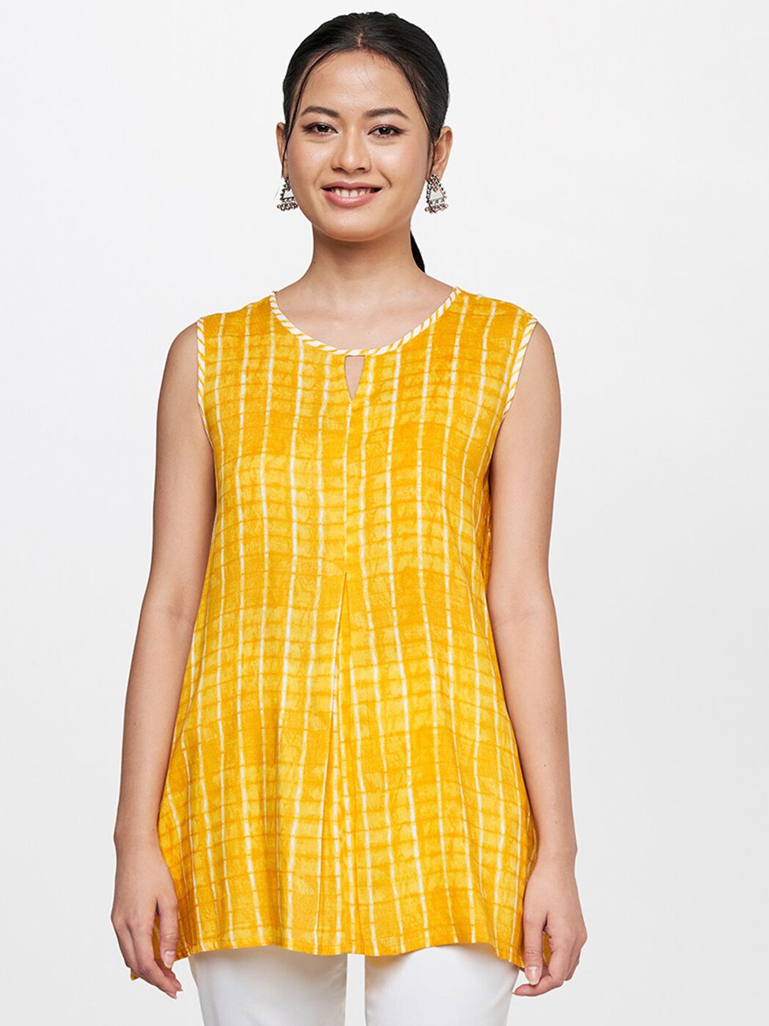 Global Desi Women Mustard Yellow Geometric Printed Keyhole Neck Top Price in India