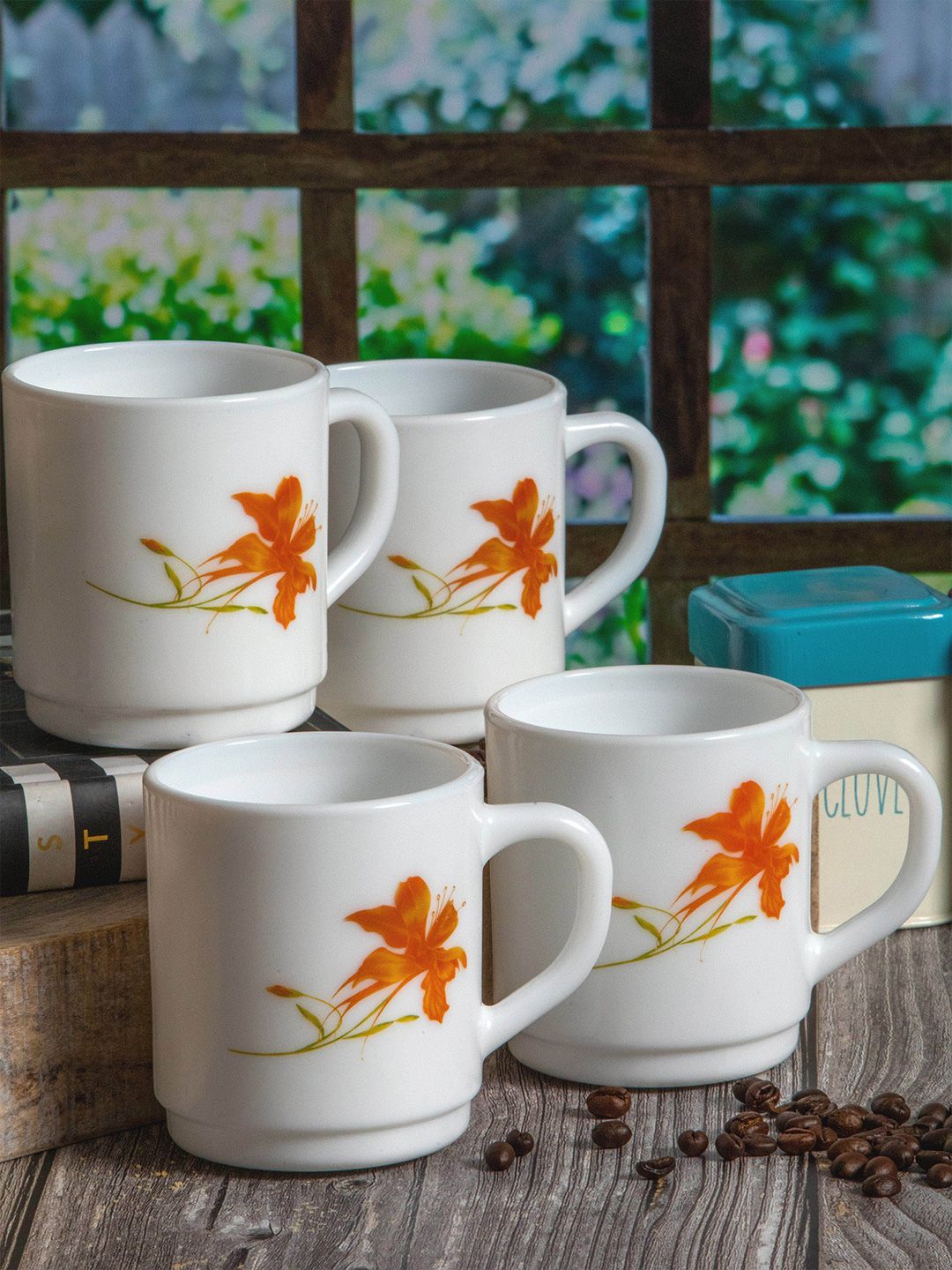 Cello White & Orange Floral Printed Opalware Glossy Mugs Set of Cups and Mugs Price in India