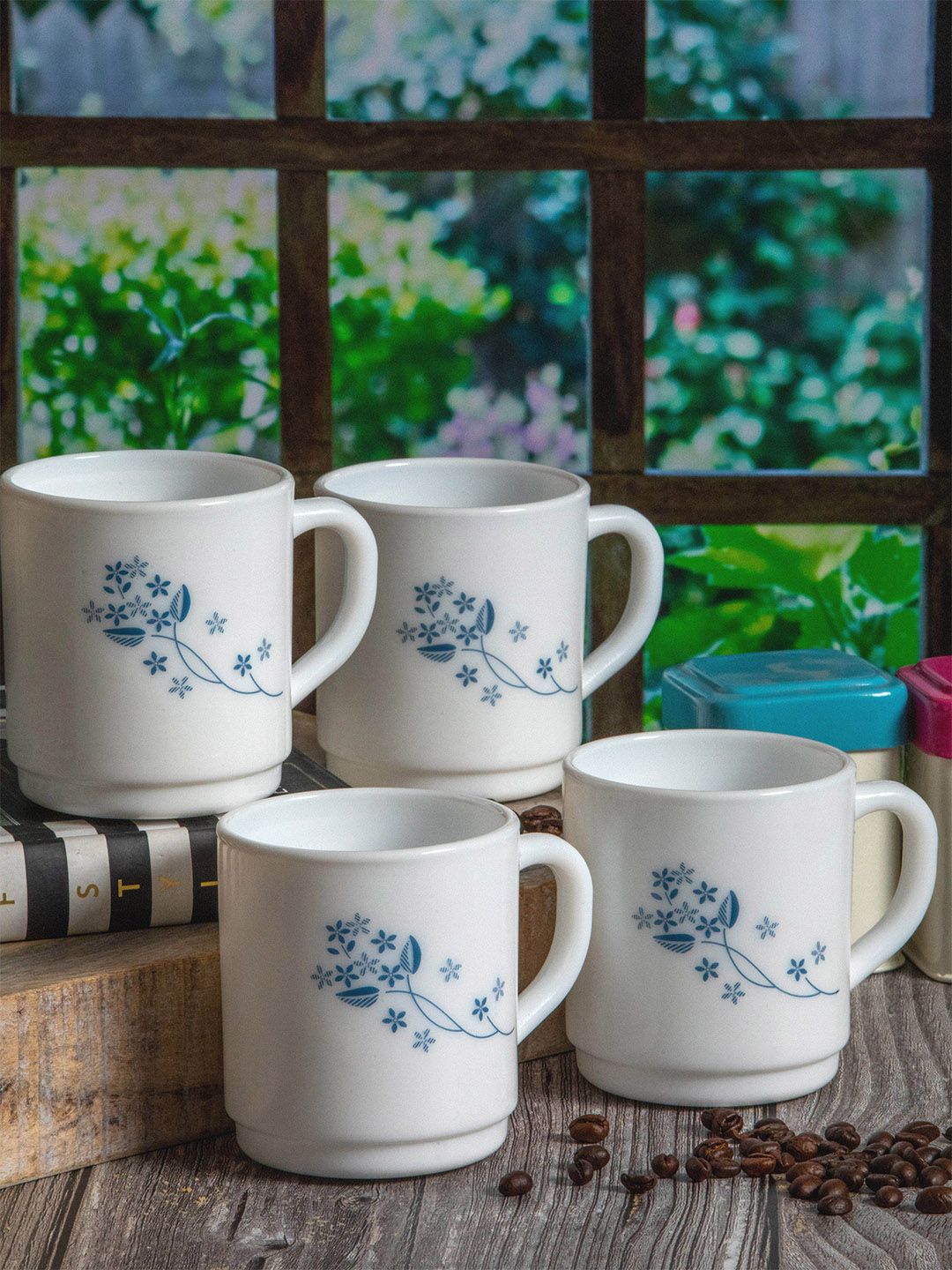Cello White & Blue Set Of 4 Floral Printed Opalware Glossy Cups and Mugs Price in India