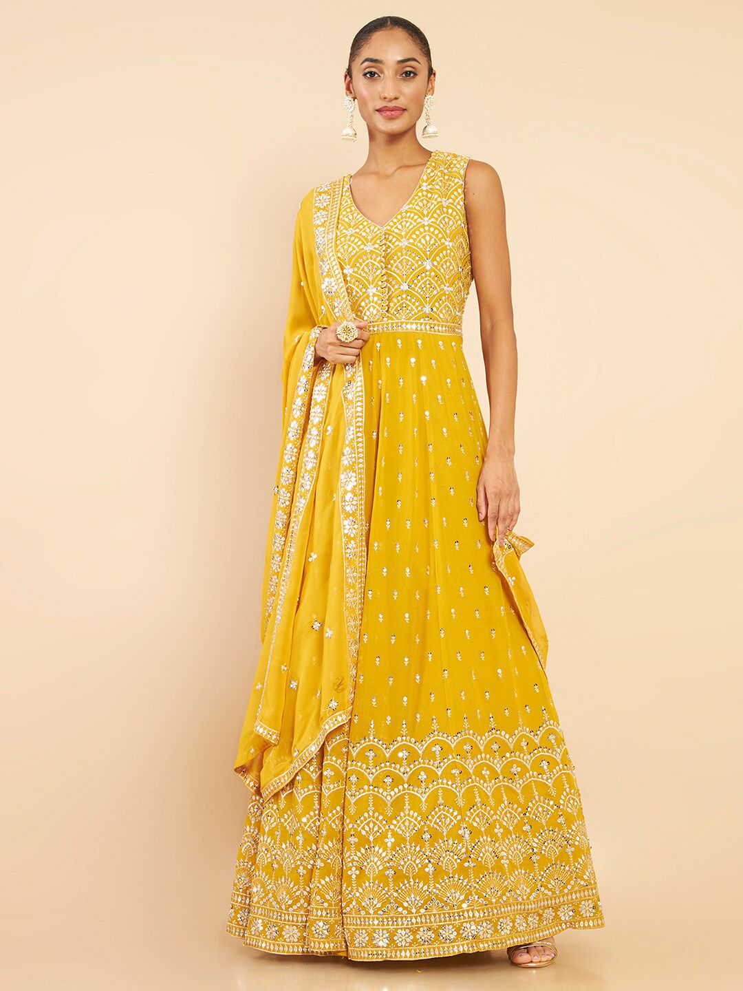 Soch Mustard Yellow Floral Georgette Ethnic Maxi Dress Price in India