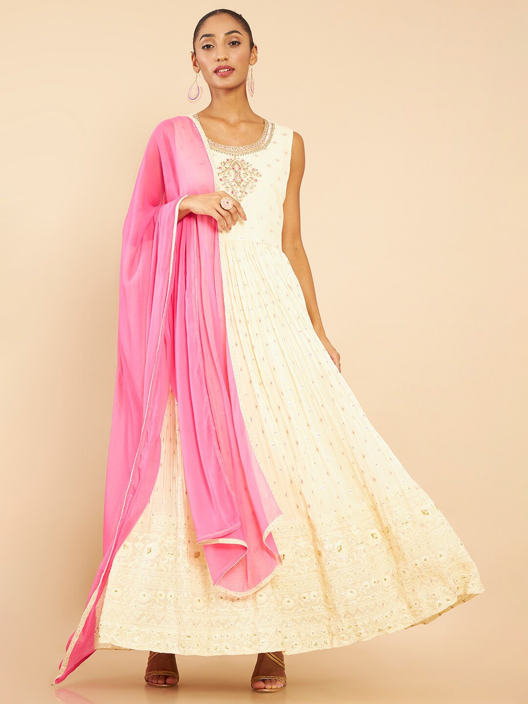 Soch Women Beige Floral Embroidered Thread Work Gown With Churidar & Dupatta Price in India