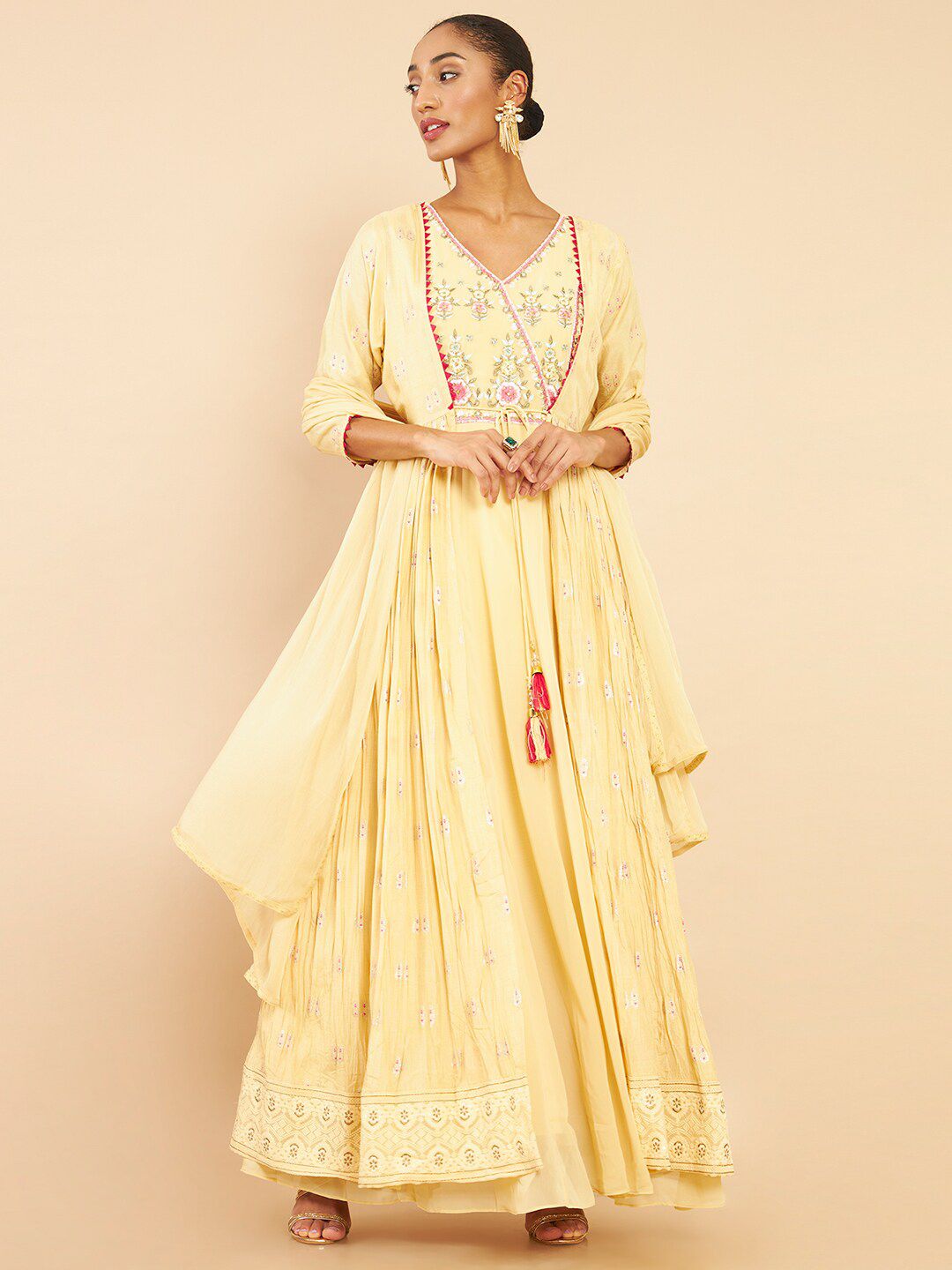 Soch Beige Printed Embellished Ethnic Maxi Dress Price in India