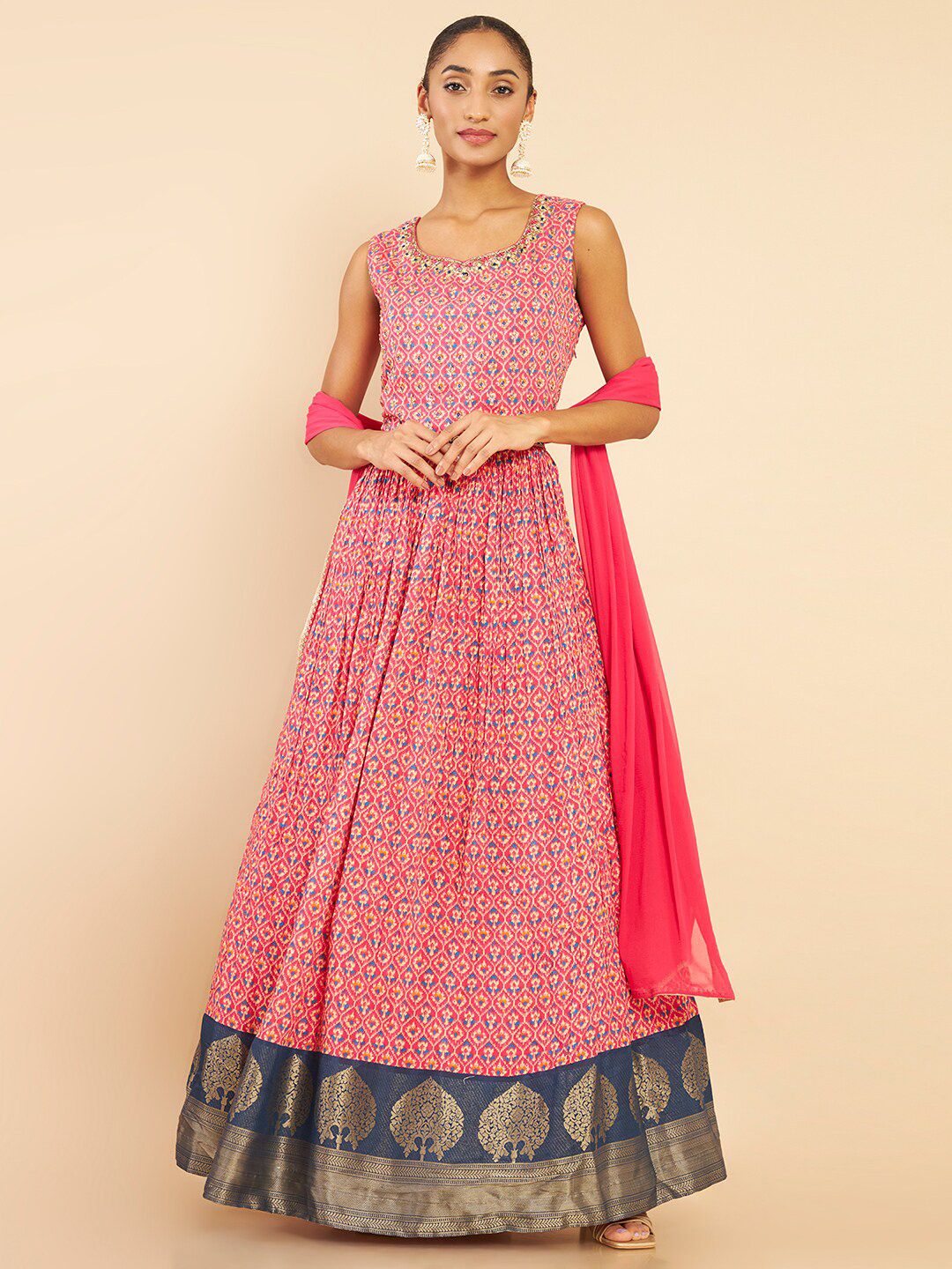 Soch Pink Printed Printed Ethnic Motifs Ethnic Maxi Dress With Dupatta Price in India