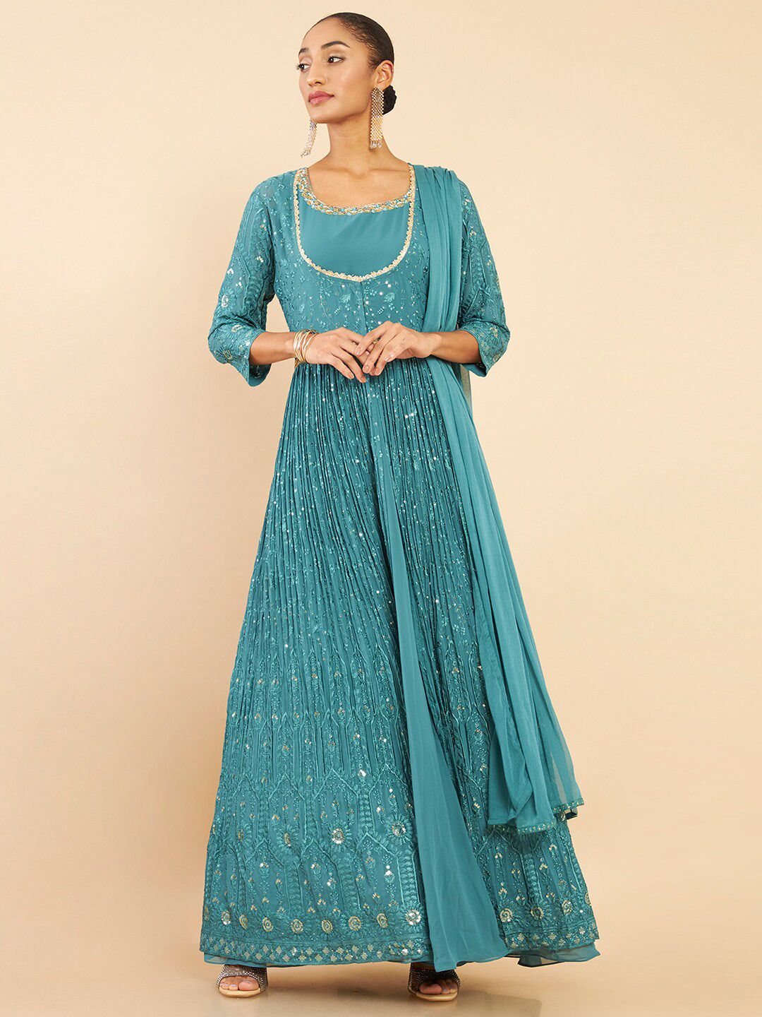 Soch Women Turquoise Blue Embroidered Sequinned Gown & With Dupatta Price in India