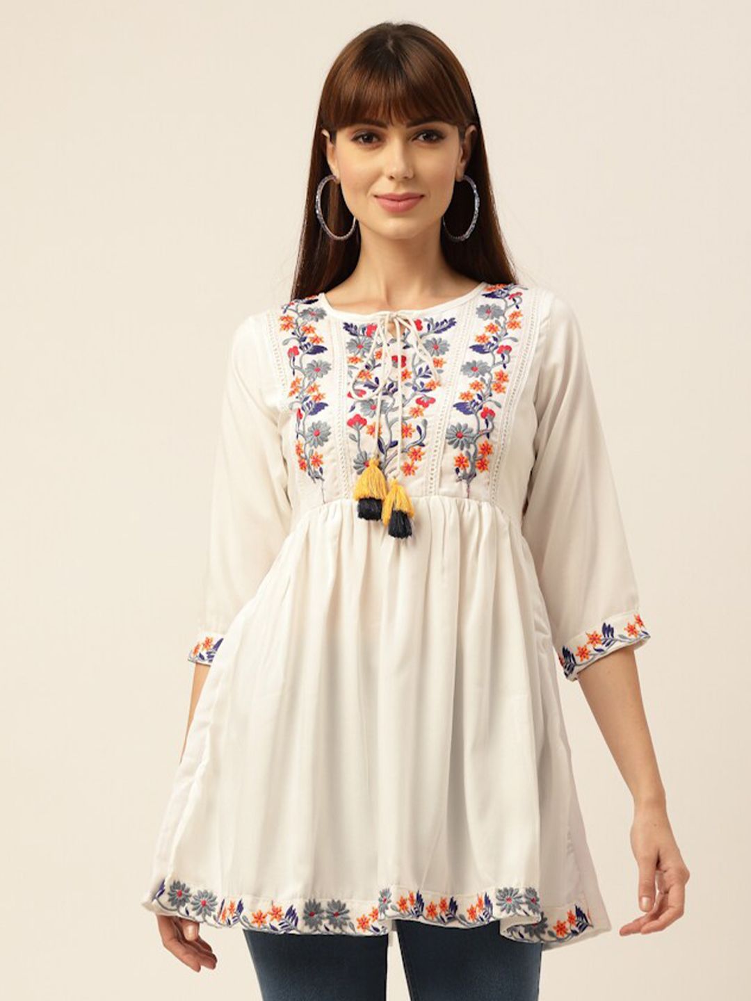 Sangria Women White Floral Embroidered Thread Work Pure Cotton Thread Work Pleated Kurti Price in India