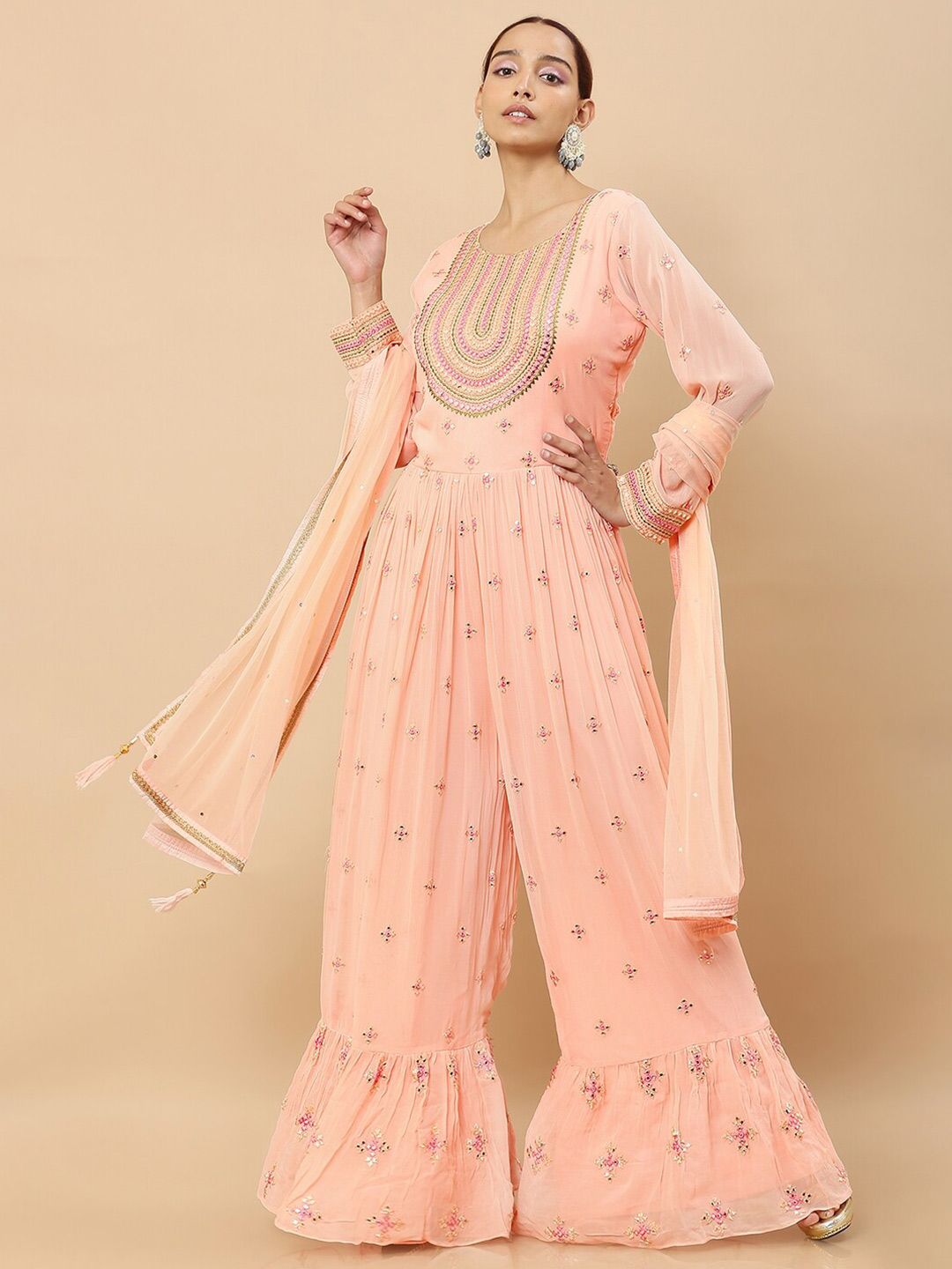Soch Peach-Coloured & Pink Printed Basic Jumpsuit with Embroidered Price in India