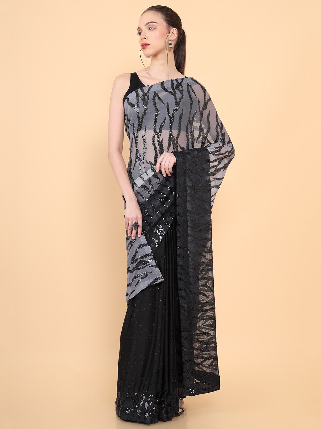 Soch Grey & Silver-Toned Embellished Sequinned Net Saree Price in India