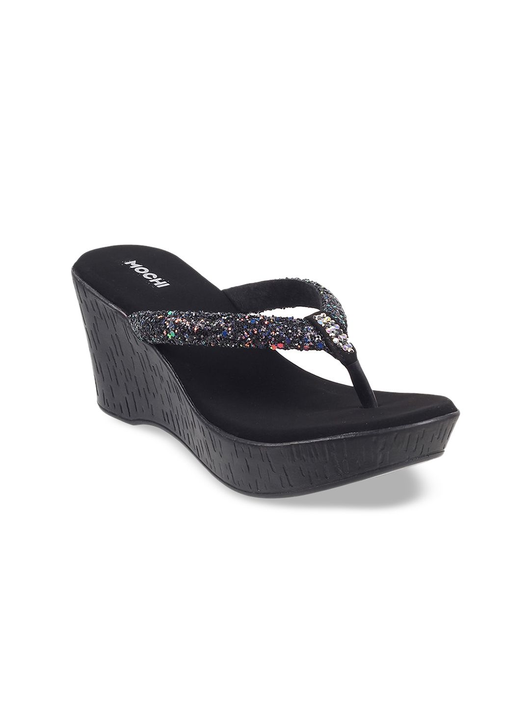 Mochi Black Embellished Party Wedge Heels