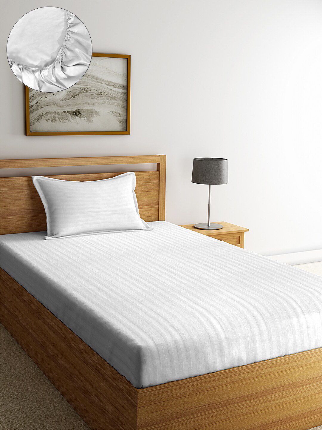 HOSTA HOMES White Striped Poly cotton 300 TC Single Bedsheet with 1 Pillow Cover Price in India