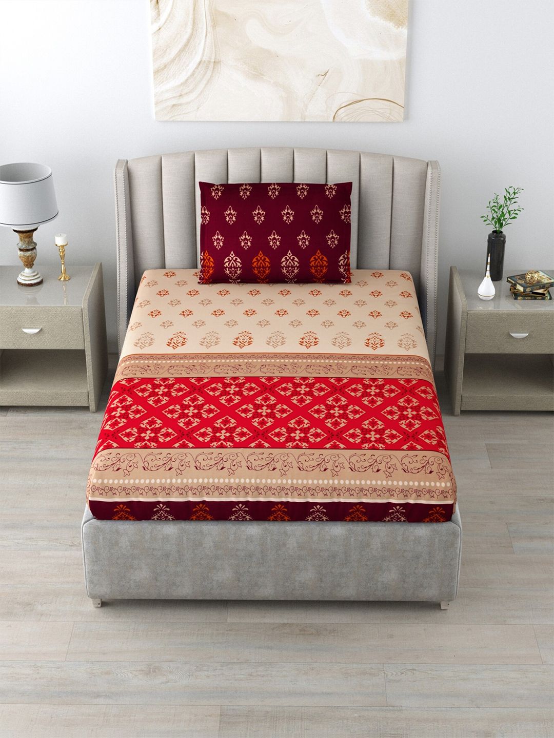 Salona Bichona Red & Beige Floral 120 TC Single Bedsheet with 1 Pillow Covers Price in India