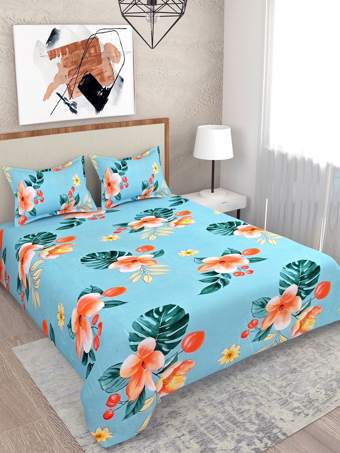 Salona Bichona Turquoise Blue & Orange Floral 144 TC Queen Bedsheet with 2 Pillow Covers Price in India