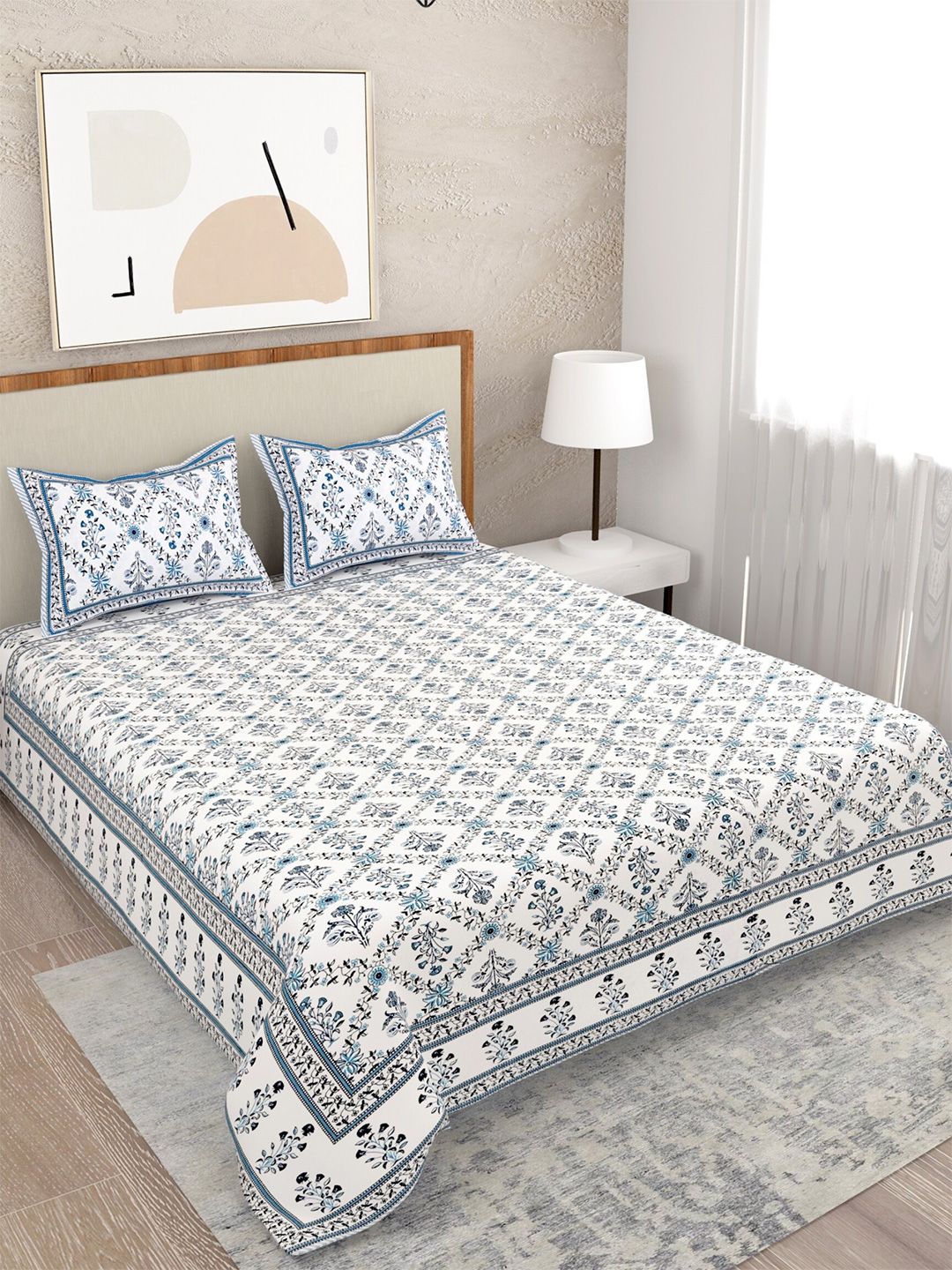 Salona Bichona Grey & White Floral 120 TC Queen Bedsheet with 2 Pillow Covers Price in India