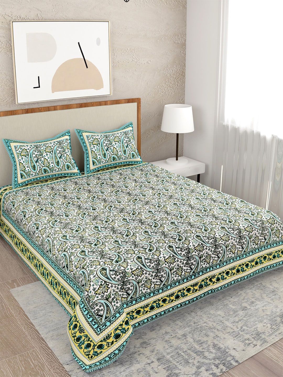 Salona Bichona Turquoise Blue & Yellow Floral 120 TC Queen Bedsheet with 2 Pillow Covers Price in India