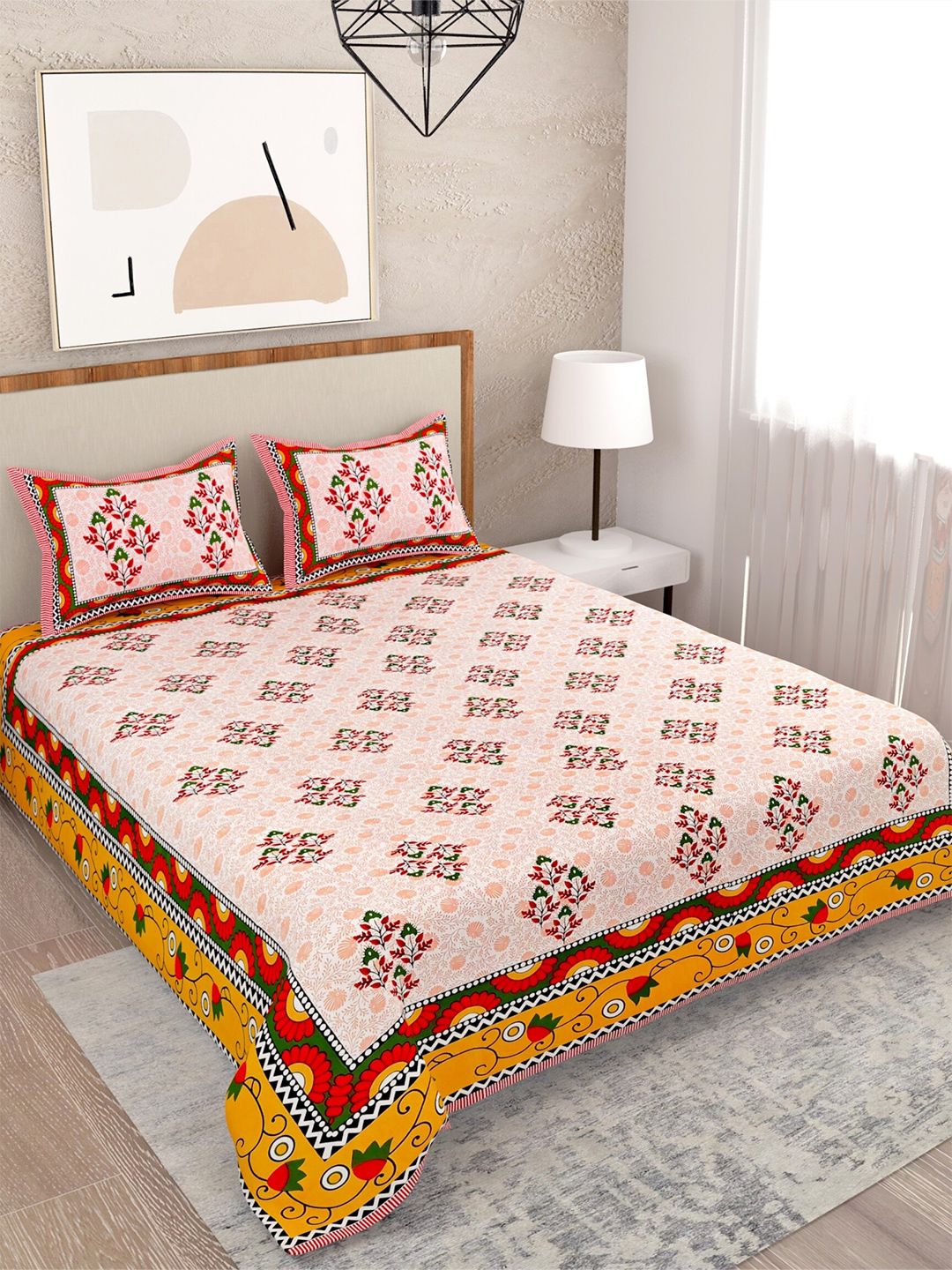 Salona Bichona Peach-Coloured & Green Floral 120 TC Queen Bedsheet with 2 Pillow Covers Price in India