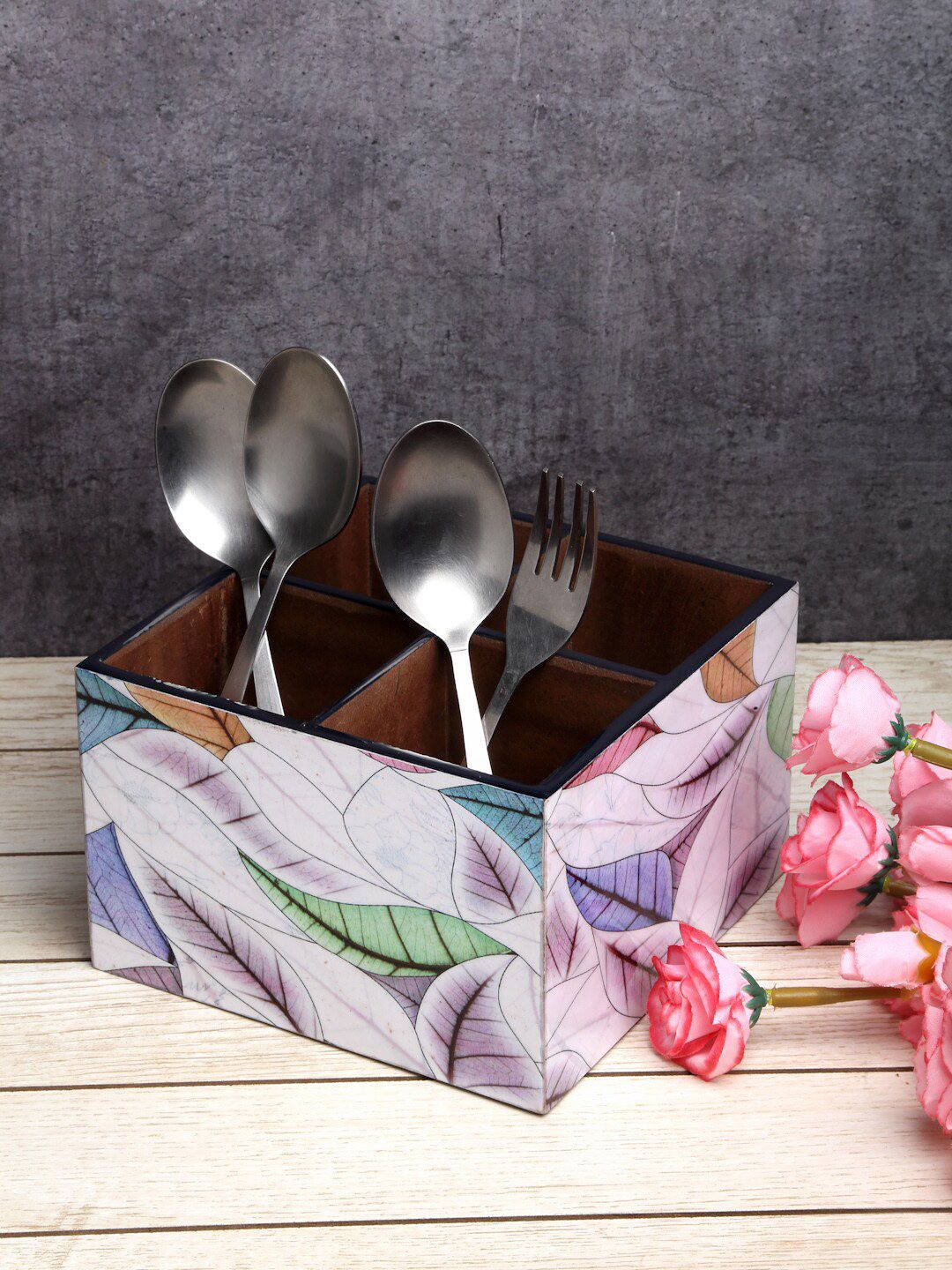 ROMEE White & Blue Wooden Cutlery Holder Price in India