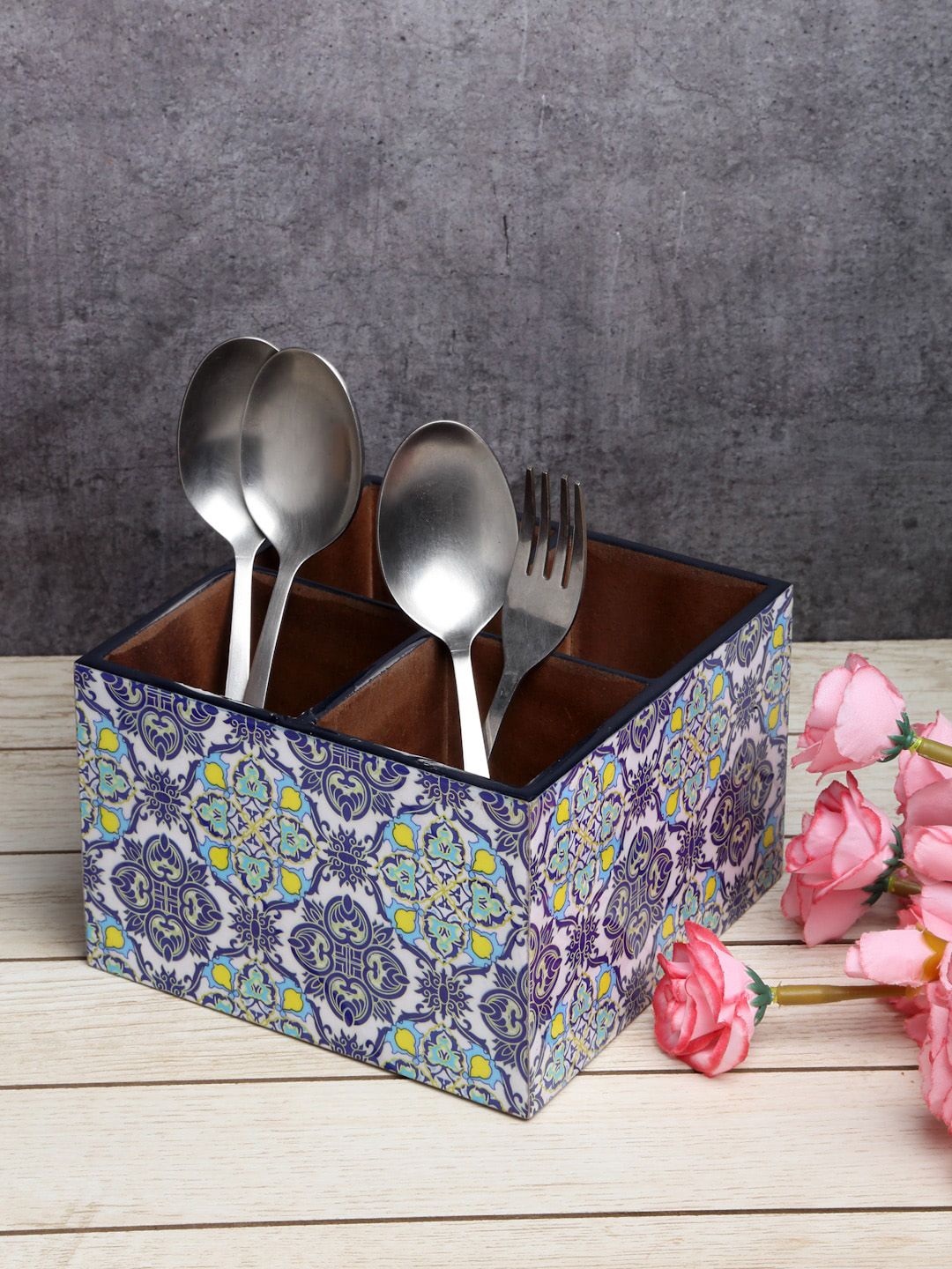 ROMEE Blue & White Floral Printed Cutlery Holder With Spoons & Fork Price in India